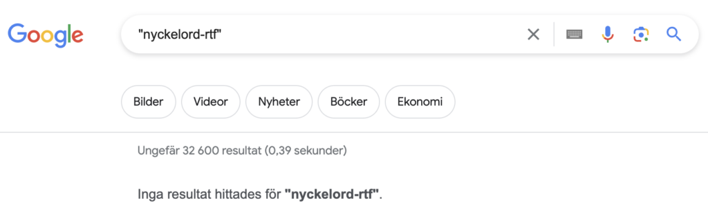 Google hittar inga resultat för sökfrasen "nyckelord-RTF"